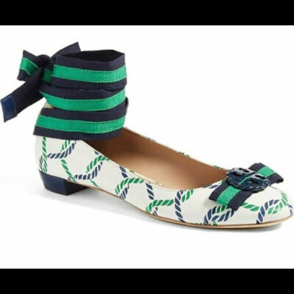 Tory Burch Maritime ankle wrap white navy green ballet flats 6.5 Isle - Picture 16 of 16